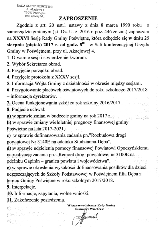 Zaproszenie na XXXVI Sesję Rady Gminy Poświętne